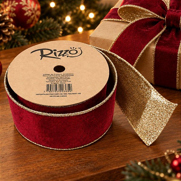 Fita Aramada Decorativa de Natal - Vermelho Escuro com Verso Dourado - 6,3cm x 9,14m - 1 unidade - Rizzo