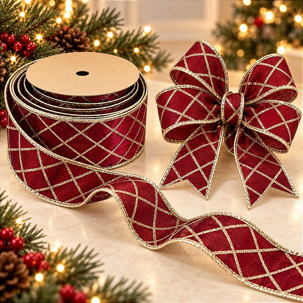 Fita Aramada Decorativa de Natal - Quadriculado Vermelho Escuro e Ouro - 6,3cm x 9,14m - 1 unidade - Rizzo
