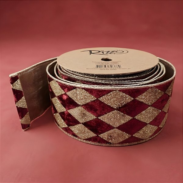 Fita Aramada Decorativa de Natal - Losango Vinho e Dourado - 6,3cm x 9,14m - 1 unidade - Rizzo