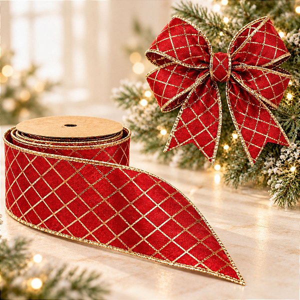 Fita Aramada Decorativa de Natal - Quadriculado Vermelho e Ouro - 6,3cm x 9,14m - 1 unidade - Rizzo