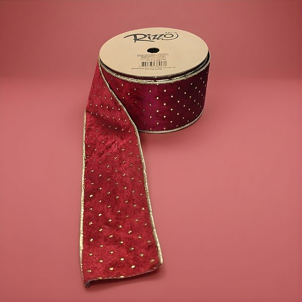 Fita Aramada Decorativa de Natal - Vermelha com Pingos Dourados - 6,3cm x 9,14m - 1 unidade - Rizzo
