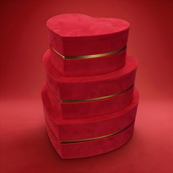 Kit Caixa Papel Rígido Coração Vermelho Veludo e Dourado - 3 unidades - Rizzo