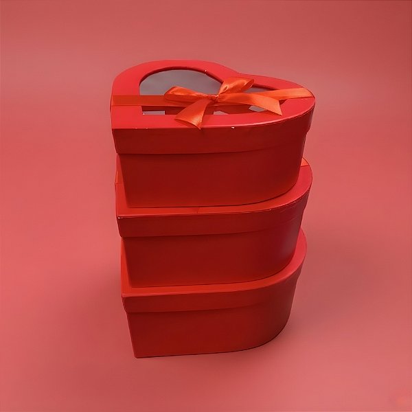 Kit Caixa Papel Rígido Coração Vermelho com Tampa Visor e Laço - 3 unidades - Rizzo