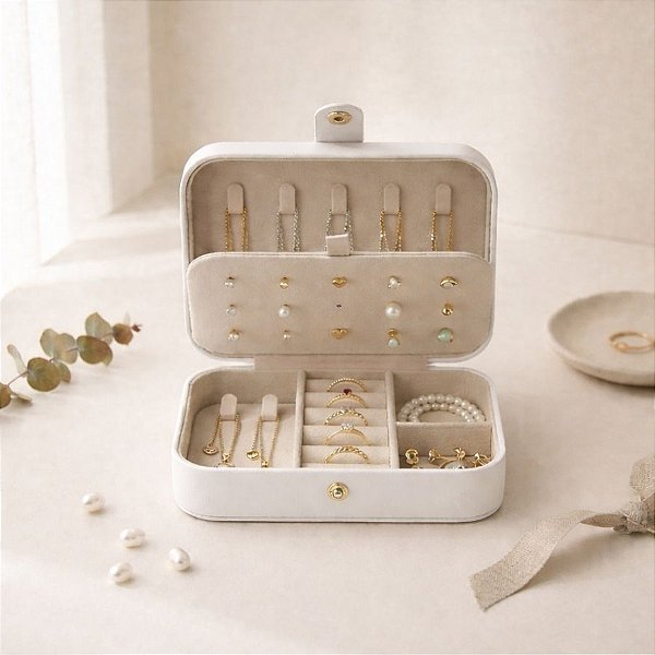 Porta Jóias Portátil com Botão - Branco - 16cm - 1 unidade - Rizzo