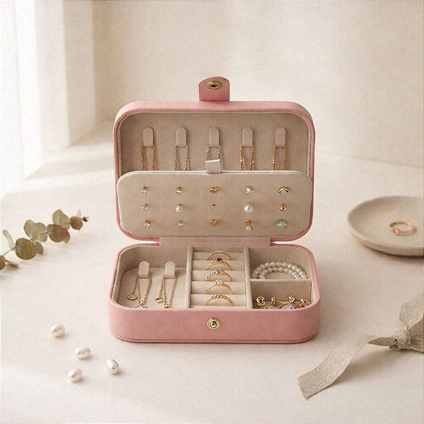 Porta Jóias Portátil com Botão - Rosa Bebê - 16cm - 1 unidade - Rizzo