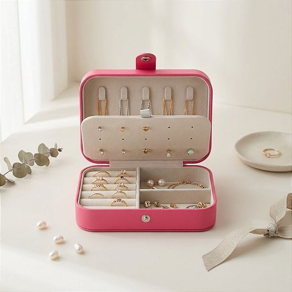 Porta Jóias Portátil com Botão - Rosa Pink - 16cm - 1 unidade - Rizzo