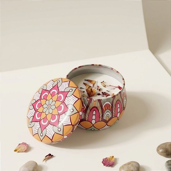 Vela Aromática - Lata Metálica Mandala - Laranja e Rosa - 7cm - 1 unidade - Rizzo