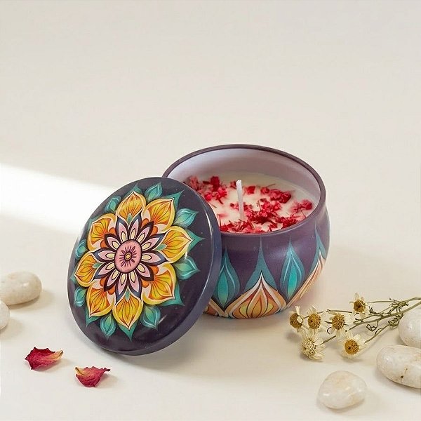 Vela Aromática - Lata Metálica Mandala - Roxo - 7cm - 1 unidade - Rizzo