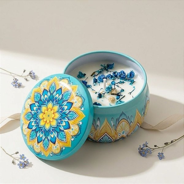 Vela Aromática - Lata Metálica Mandala - Verde Água e Amarelo - 7cm - 1 unidade - Rizzo