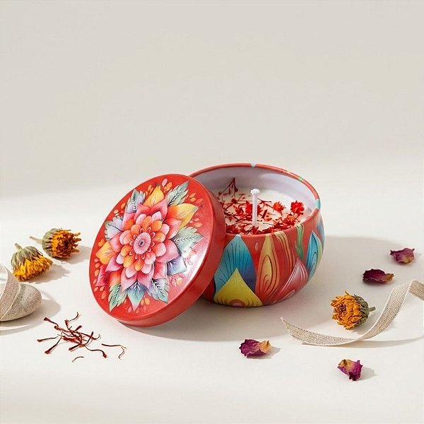 Vela Aromática - Lata Metalizada Mandala - Vermelho Folha  - 6cm - 1 unidade - Rizzo