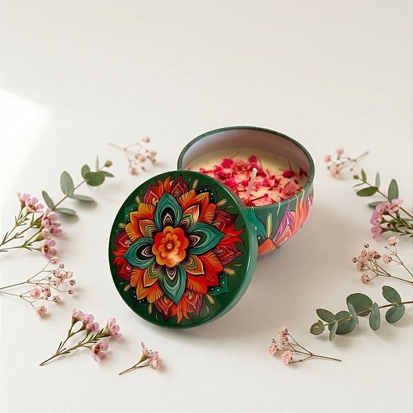 Vela Aromática - Lata Metalizada Mandala - Verde Escuro - 6cm - 1 unidade - Rizzo