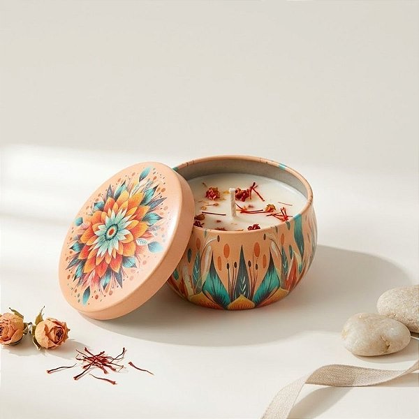 Vela Aromática - Lata Metalizada Mandala - Bege - 6cm - 1 unidade - Rizzo