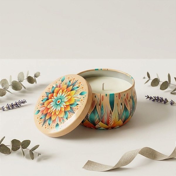 Vela Aromática - Lata Metálica Mandala - Bege - 6cm - 1 unidade - Rizzo