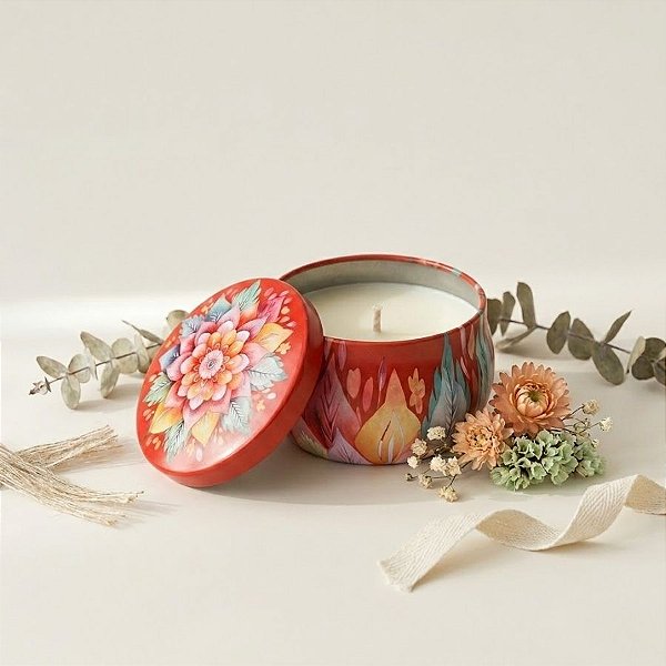 Vela Aromática - Lata Metálica Mandala - Vermelho - 6cm - 1 unidade - Rizzo