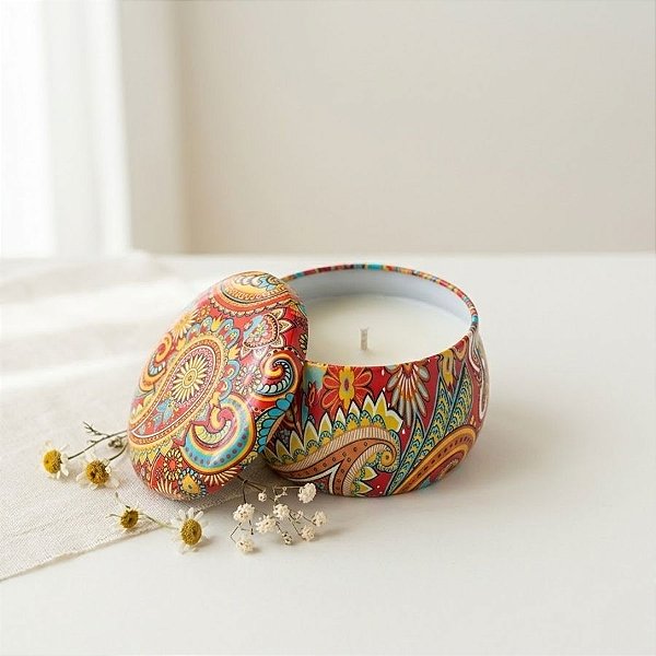 Vela Aromática - Lata Metálica Mandala - Vermelho e Amarelo - 7cm - 1 unidade - Rizzo