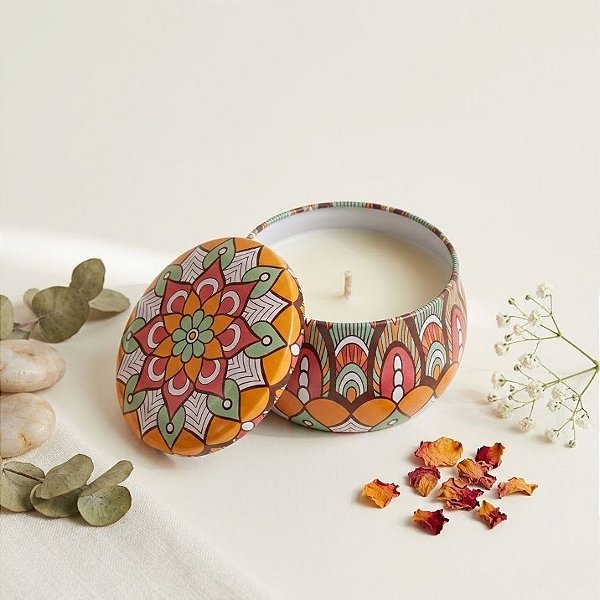 Vela Aromática - Lata Metálica Mandala - Laranja - 7cm - 1 unidade - Rizzo