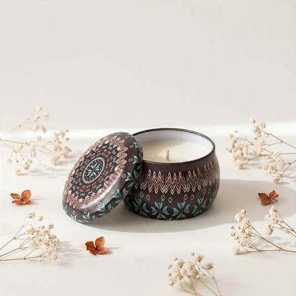 Vela Aromática - Lata Metálica Mandala - Preto  - 7cm - 1 unidade - Rizzo