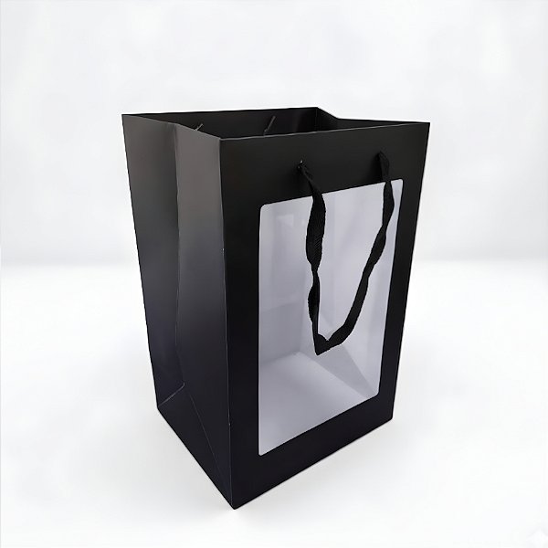Sacola de Papel com visor PVC 30x20x16cm - Preta - 12 unidades - Rizzo