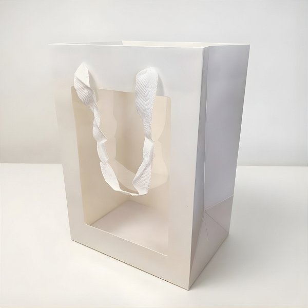 Sacola de Papel com visor PVC 25x18x13cm - Branca - 12 unidades - Rizzo