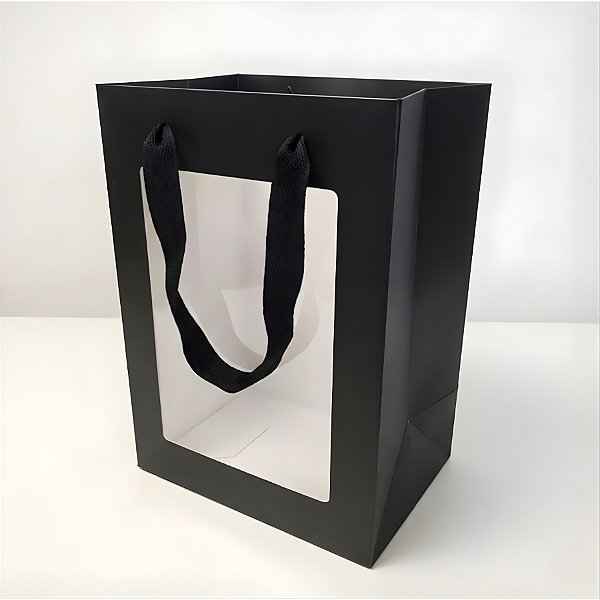 Sacola de Papel com visor PVC 25x18x13cm - Preta - 12 unidades - Rizzo