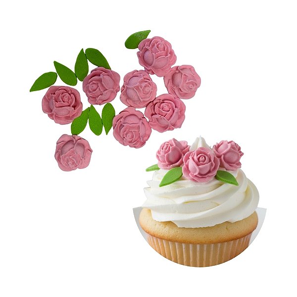 Confeito de Açúcar - Rosas Lolita Rosa Pastel com Folhas - 16 unidades - Abelha Confeiteira - Rizzo