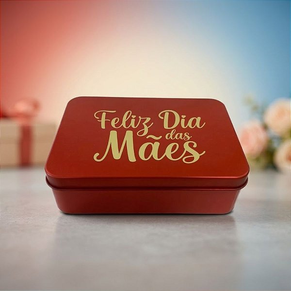 Lata de Metal Retangular Personalizada - Vermelho - Feliz dia das Mães - 14x10x4,5cm - 1 unidade - Rizzo