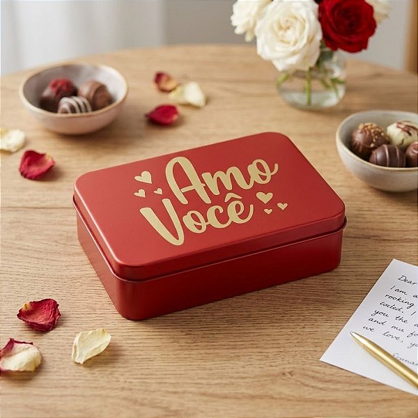 Lata de Metal Retangular Personalizada - Vermelho - Amo Voce - 14x10x4,5cm - 1 unidade - Rizzo