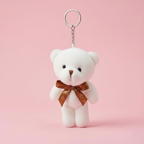 Chaveiro de Pelúcia - Ursinho Branco com Laço - 11x6,5cm  - 1 unidade - Rizzo