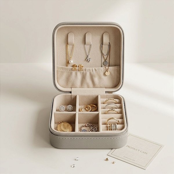 Mini Porta Jóias Portátil - Cinza - 10cm - 1 unidade - Rizzo