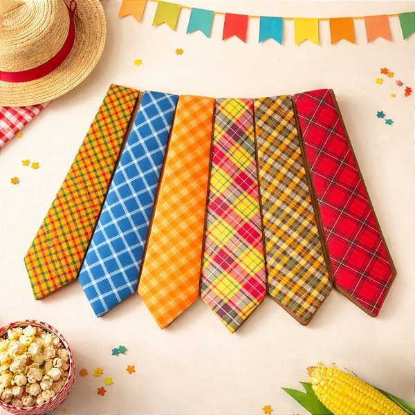 Gravata de Papel de Festa Junina - Xadrez - Colorida - 38cm - 6 unidades - Festa Maluca - Rizzo