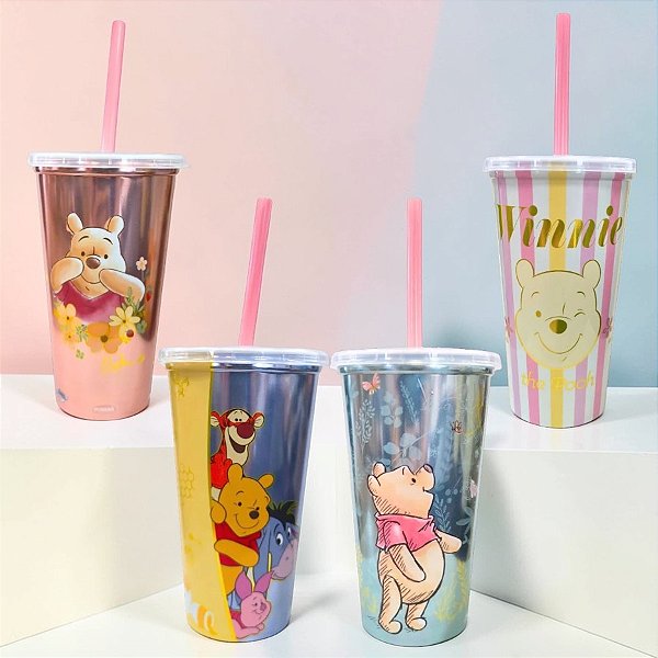 Conjunto Copo com Canudo - Ursinho Pooh - 4 Itens - 1 unidade - Disney Original - Rizzo
