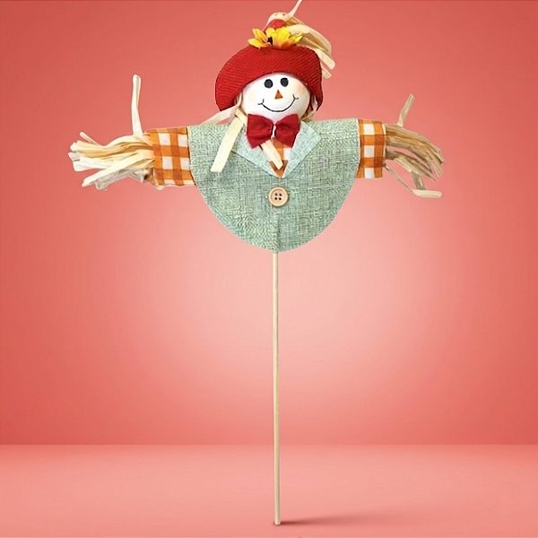 Espeto para Jardim de Festa Junina - Busto Espantalho com Chapéu Vermelho - 19x45cm - 1 unidade - Rizzo