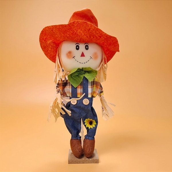 Enfeite Decorativo de Festa Junina Espantalho com Base e Chapéu Grande Laranja - Menino - 12x42cm - 1 unidade - Rizzo