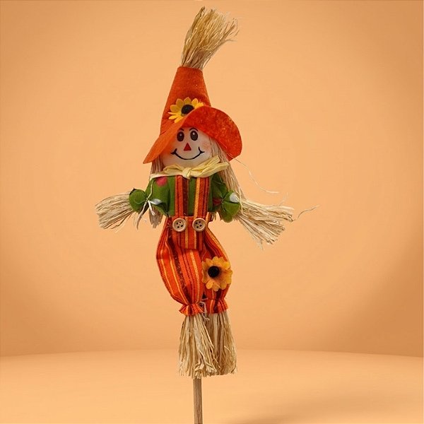Espeto Para Jardim de Bambu Espantalho de Festa Junina - Menino Chapéu Laranja - 14x46cm - 1 unidade - Rizzo