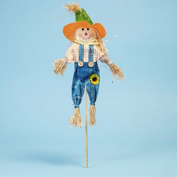 Espeto para Jardim de Bambu Espantalho de Festa Junina - Chapéu Verde e Laranja - 15x63cm - 1 unidade - Rizzo