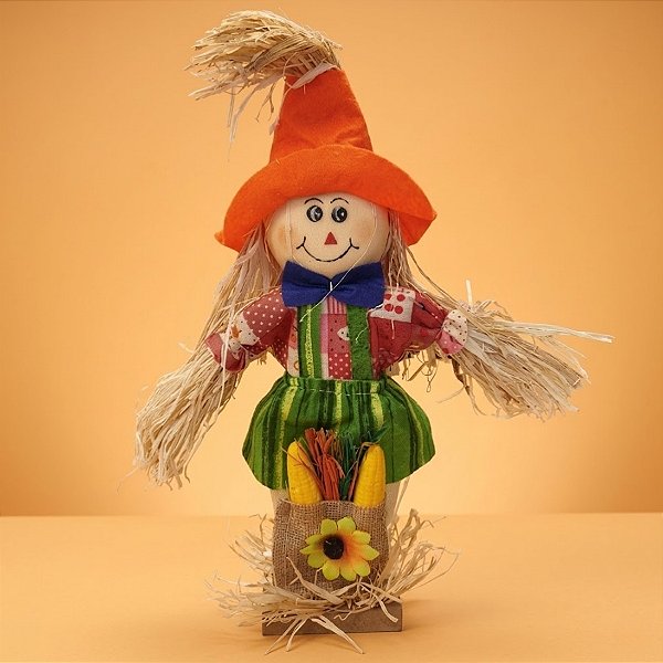 Enfeite Decorativo de Festa Junina Espantalho com Base e Cestinha - Chapéu Laranja - 16x30cm - 1 unidade - Rizzo