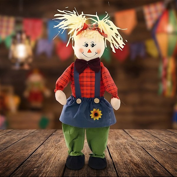 Enfeite Decorativo Espantalho para Festa Junina - Menina Calça Verde - 53x40x8cm - 1 unidade - Cromus - Rizzo