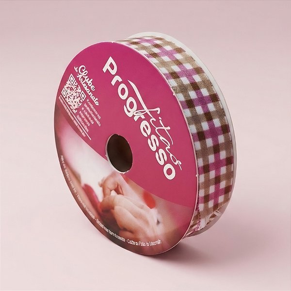 Fita de Cetim 15mm x 10m - Festa Junina Xadrez Marrom e Rosa - ECF003TR Cor 107 - Rolo 10m - 1 unidade - Progresso - Riz