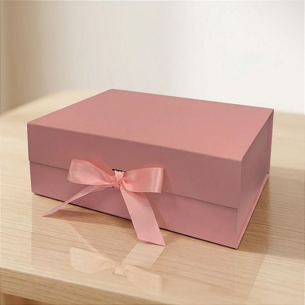 Caixa de Papel Rígido Retangular com Imã e Fita - Rosa Claro - P 20x18x8cm - 1 unidade - Rizzo