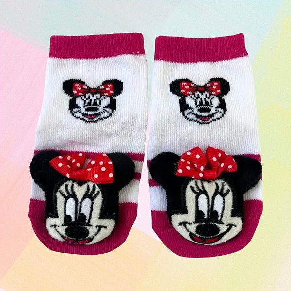 Meia Antiderrapante Com Chocalho - Minnie Mouse - Rosa - 0 a 12 Meses - 1 unidade - Disney Original - Rizzo