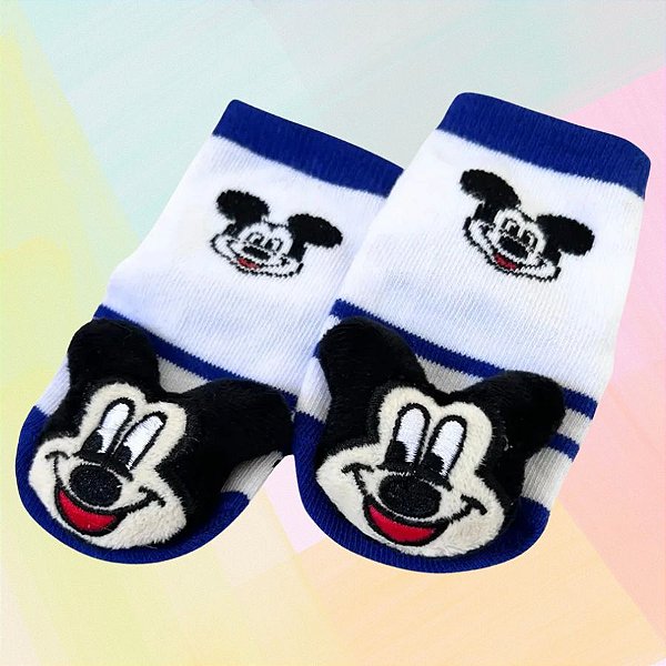Meia Antiderrapante Com Chocalho - Mickey Mouse - Azul - 1 a 2 Anos - 1 unidade - Disney Original - Rizzo