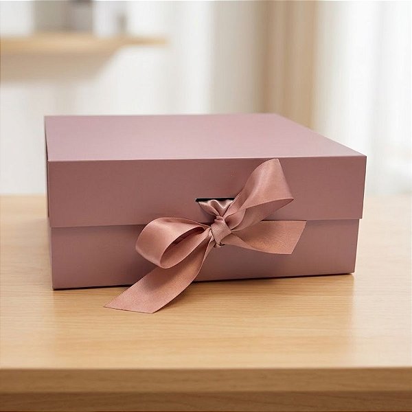 Caixa de Papel Rígido Retangular com Imã e Fita - Rosé - P 20x18,2x8cm - 1 unidade - Rizzo