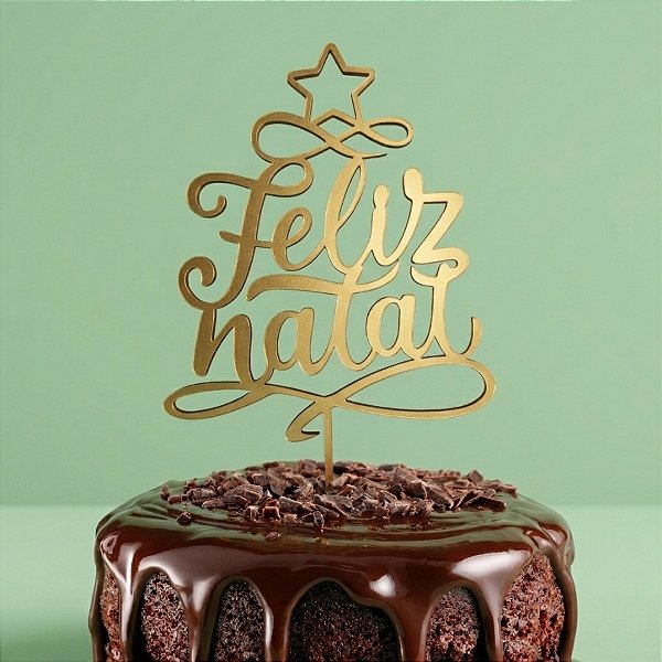 Topo de Bolo - Feliz Natal - Metalizado Dourado - 21,5cm - 1 unidade - Sonho Fino - Rizzo