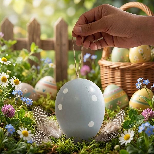 Enfeite Para Pendurar de Páscoa - Ovo de Páscoa - Cinza  e Branco - 16cm - 1 unidade - FlorArte - Rizzo