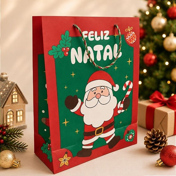 Sacola de Papel de Natal - Feliz Natal - Vermelho e Verde - 31cm - 1 unidade - Rizzo