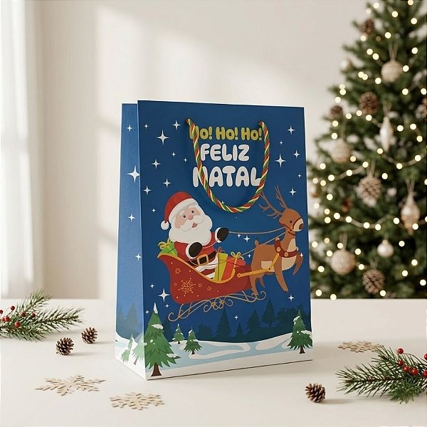 Sacola de Papel de Natal - Ho! Ho! Ho! - Azul - 37cm - 1 unidade - Rizzo