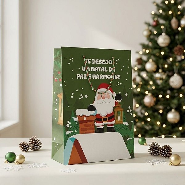 Sacola de Papel de Natal - Paz e Harmonia - Verde - 27cm - 1 unidade - Rizzo