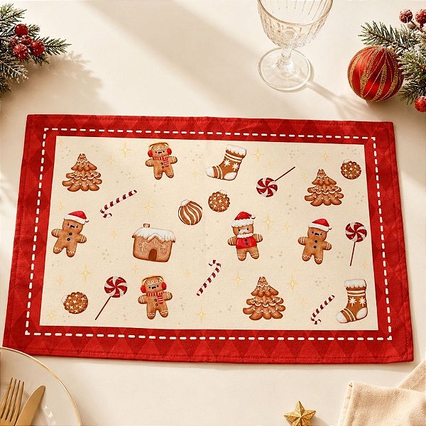 Jogo Americano de Natal - Bege Com Vermelho - 45x30cm - 1 unidade - Rizzo