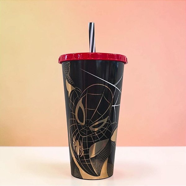 Copo de Plástico com Tampa e Canudo - Homem Aranha - Preto - 700ml - 1 unidade - Plasútil - Rizzo