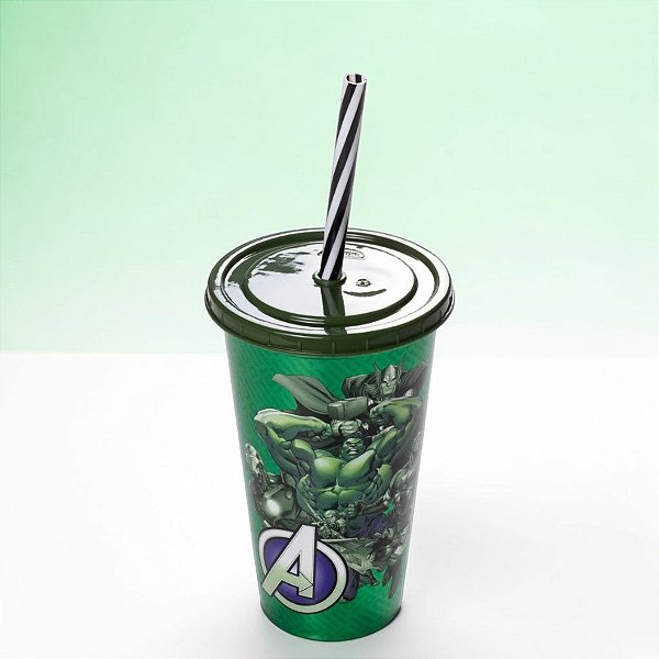 Copo de Plástico com Tampa e Canudo - Vingadores - Verde - 500ml - Disney Original - 1 unidade - Plasútil - Rizzo